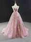 Pink Ball Gowns V Neck Tulle Appliques Beading Prom Dress