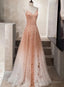 Pink Beaded Tulle Prom Dress, Straps Gradient Prom Dresses