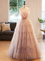 Pink Beaded V Neckline Tulle Prom Dress, Tulle Layers Sweet 16 Dress