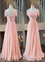 Pink Chiffon Cap Sleeves Long Bridesmaid Dress, Floor Length Pink Prom Dress