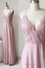 Pink Chiffon Lace Long A Line Prom Dress, Pink V Neck Prom Dress