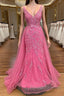 Pink Corset Prom Dresses Elegnat A Line Deep V Neck Prom Dresses with Appliques