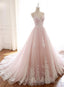 Pink Elegant Tulle V Neckline Straps Prom Dress with Lace Pink Sweet 16 Dress prom dresses shops