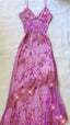 Pink Fashion Exquisite Beaded Spaghetti Strap A-Line Lace Floor Length Elegant Ball Gown Evening Dress