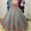 Pink Floral Lace Appliques Gray Tulle Ball Gown Wedding Dress