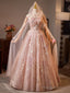 Pink Floral Lace Long Prom Dresses A-Line Tulle Pink Prom Gowns With Cape