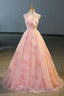 Pink Flower Long Princess Dress, Pink Strapless Formal Prom Dress