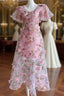 Pink Flowers Lace Short Sleeves Prom Dresses Pink 3D Flowers Prom Dresses