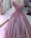 Pink Flowers Off Shoulder Satin Ball Gowns Prom Dress, Pink Prom Dress