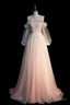 Pink Gradient Tulle Long A Line Prom Dress, Long Sleeve Prom Prom Dress