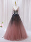 Pink Gray Tulle V Neck Beading Prom Dress