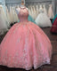 Pink Halter Ball Gown Dress, Lace Prom Dress