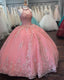 Pink Halter Ball Gowns Dresses Lace Prom Dresses