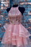 Pink Halter Beaded Short Homecoming Dress,Wedding Prom Dresses