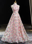 Pink Halter Lace A Line Floor Length Prom Dress, Pink Lace Prom Dress
