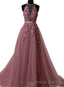 Pink Halter Lace-up Long Formal Gowns, Pink Prom Dresses