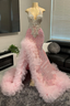 Pink Halter Tulle Ruffles High Split Prom Prom Dresses
