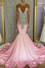 Pink High Neck Mermaid Beading Satin Prom Dress