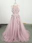 Pink High Neck Tulle Lace Applique Long Prom Dress, Pink Prom Dress
