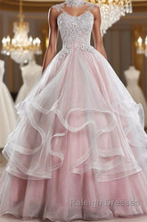 Pink high neck tulle lace long prom dress, pink sweet 16 dress