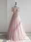 Pink High Neck Tulle Sequin Long Prom Dress, Pink A Line Evening Dress