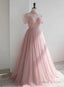 Pink High Neckline Beaded Tulle Short Sleeves Prom Dresses Lovely Pink Prom Dress
