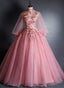Pink High Neckline Floral Lace Puffy Sleeves Sweet 16 Dresses Pink Tulle Prom Dresses