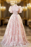 Pink High Neckline Short Sleeves Lace Floral Long Prom Dresses Pink Sweet 16 Dresses