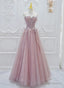 Pink Lace and Tulle A Line Prom Dress with Flowers, Pink Tulle Prom Dress