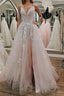 Pink Lace Appliques A Line Open Back Tulle Long Prom Dresses, Pink Lace Formal Graduation Evening Dresses