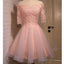Pink Lace Appliques Organza Lace Up Back Off Shoulder Half Sleeve Homecoming Dresses
