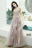 Pink Lace Long A-Line Prom Dresses Pink Spaghetti Straps Prom Dresses