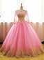 Pink Long Sleeves Tulle Round Neckline Sweet 16 Dresses, Pink Formal Gowns