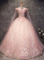 Pink Long Tulle with Lace Applique Ball Gown Sweet 16 Dresses, Pink Formal Dresses