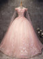 Pink Long Tulle with Lace Applique Ball Gowns Sweet 16 Dresses, Pink Formal Dresses