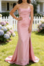 Pink Mermaid Strapless Pleated Corset Long Prom Dress with Slit