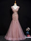 Pink Mermaid Tulle Long Prom Dress with Lace, V Neckline Floor Length Prom Dress