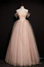 Pink Off Shoulder Beaded Tulle Long Prom Dresses, Pink A Line Formal Dresses Prom Dress