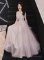 Pink Off Shoulder With Flowers A-Line Prom Dress, Tulle Floor Length Party Dress