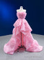 Pink Organza Strapless Pleats Flower Prom Dress