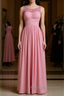 Pink round neck tulle lace long prom Dresses pink lace bridesmaid Dresses