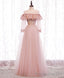 Pink Round Neck Tulle Lace Long Prom Dress Pink Lace Prom Dress