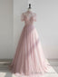 Pink round neck tulle sequin long prom dress, pink tulle formal dress