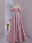 Pink Satin A Line Floor Length Prom Dress, Pink Satin Short Sleeves Prom Dress