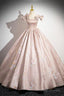 Pink Satin Lace Long Prom Dresses A-Line Scoop Neckline Prom Dresses