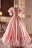 Pink Satin Lace Long Prom Dresses Pink Short Sleeve Prom Dresses