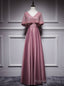 Pink Satin Lace V-neck Bat Pearls Prom Dress