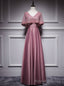 Pink Satin Lace V Neck Bat Pearls Prom Dress