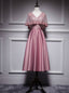 Pink Satin Lace V Neck Bat Pearls Tea Length Prom Dress