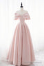 Pink Satin Long Prom Dress, Cute Off Shoulder Evening Dress